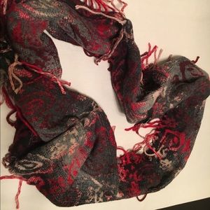 Red and black infinity scarf with fringe